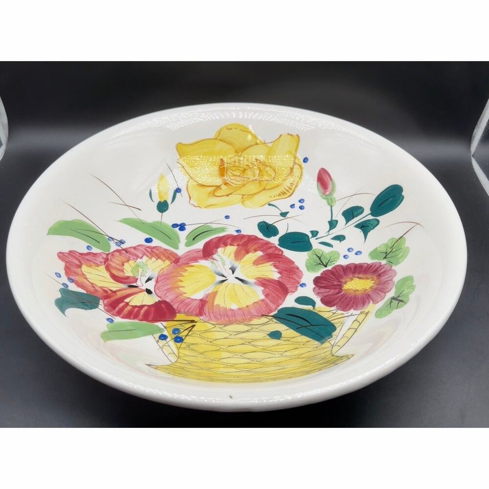 Vintage Genuine Ironstone 14” Floral Serving Bowl Flower Basket Hand Painted MCM